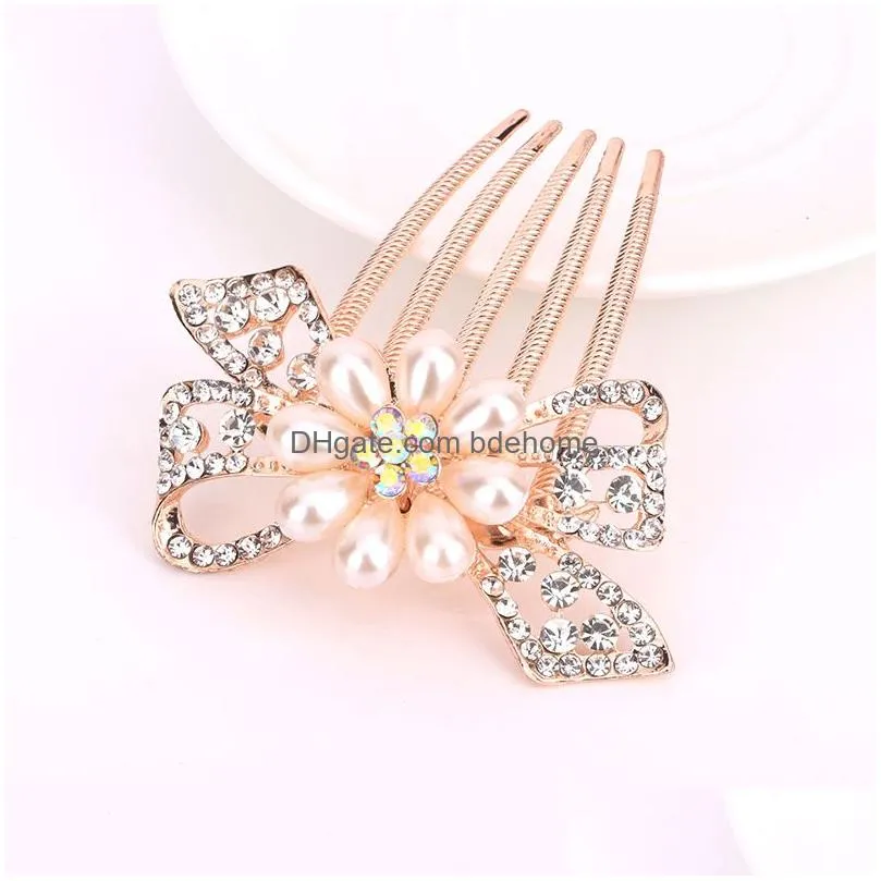 fashion gold color pearls crystal sunflower floral hair combs for women brides headpiece bridal wedding hairs accessories gifts