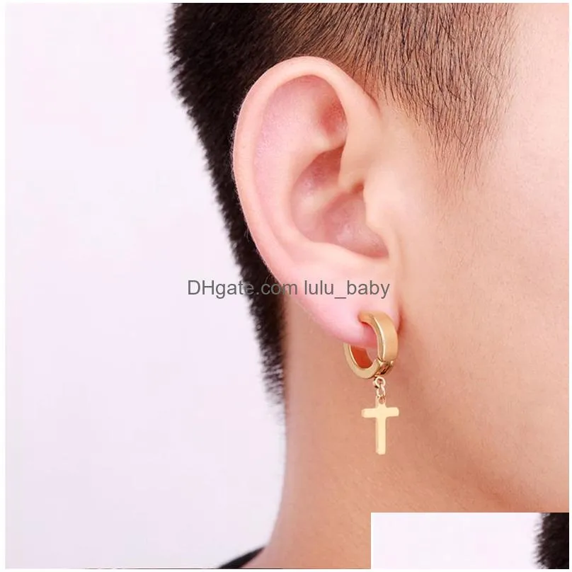 stainless steel black crosses ear cuff set for men gothic punk triangle male stud cross earing dangle bulk jewelry