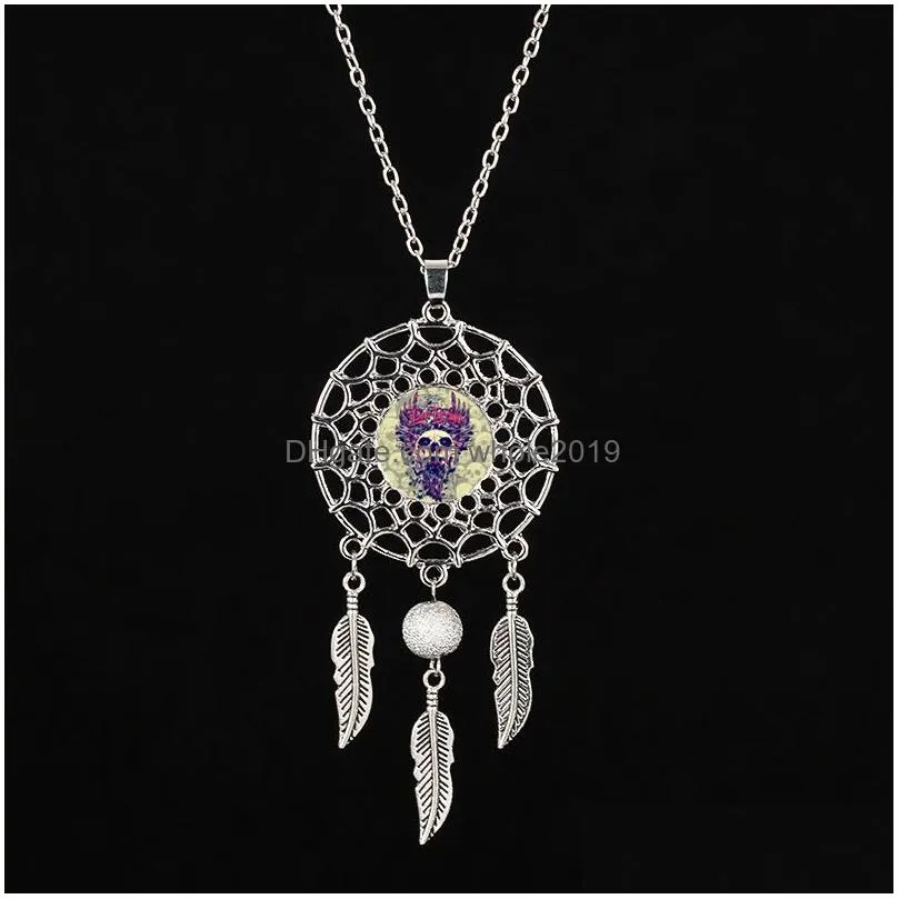 bohemian ethnic skeleton feather yoga dreamcatcher pendant necklaces women catholic religious jewelry