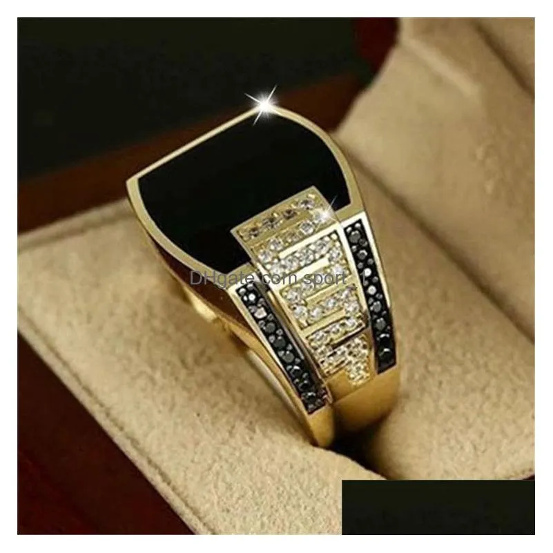 classic mens ring fashion metal gold color inlaid black stone zircon punk rings for men engagement wedding vintage jewelry