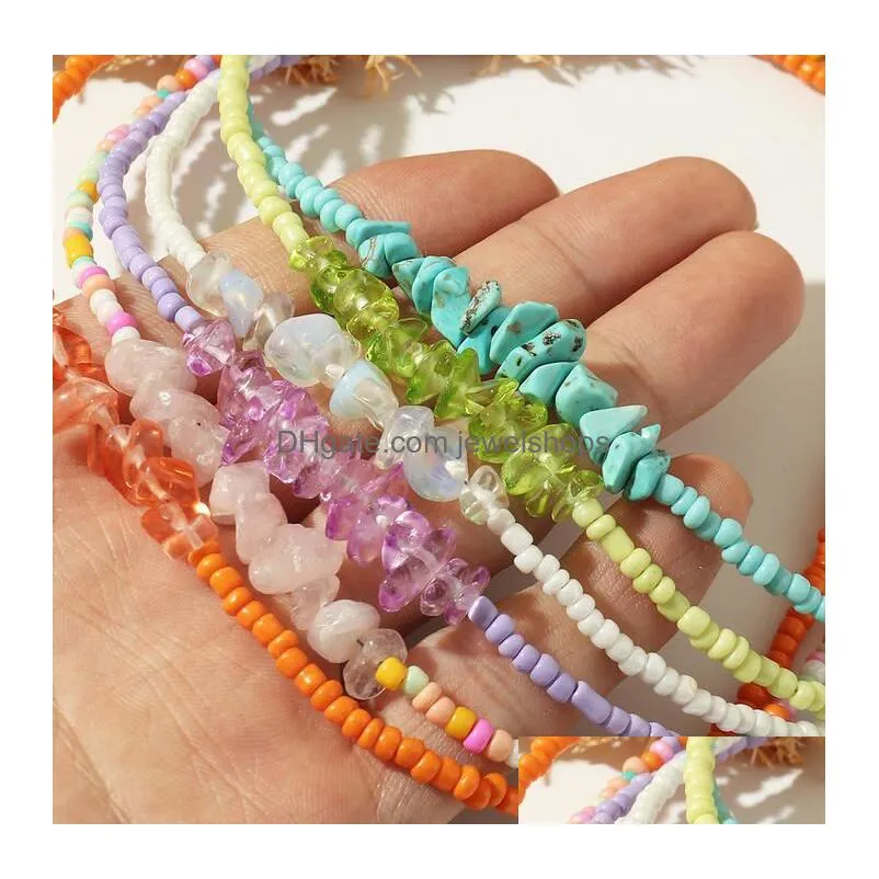 colorful seed beads chocker boho rainbow bead necklace natural gemstone turquoise amethyst raw stone necklaces for women summer beach travel jewelry