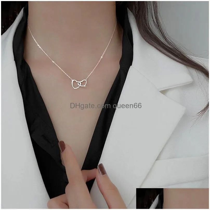 romantic titanium steel double heart choker necklaces jewelry fashion chain pendant necklace for women gift