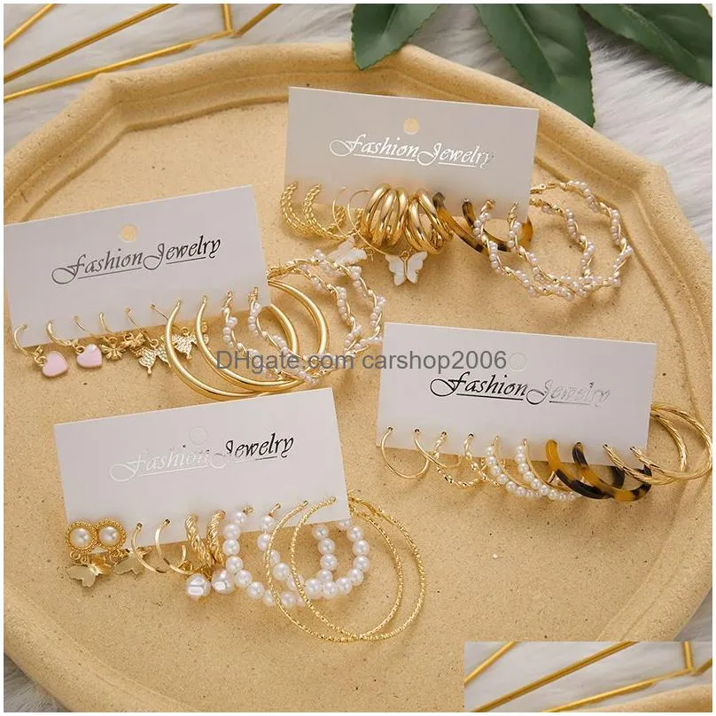 casual trendy gold geometric butterfly round pearl hoop earrings set for women resin acrylic heart jewelry gifts