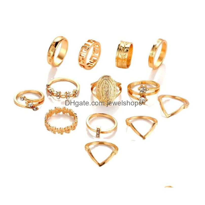 13pcs/set fashion ladies gold plated finger rings retro geometric ring set woman jewelry