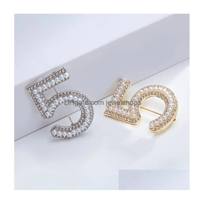 classic gold silver brooches letter 5  rhinestone brooch pins for women party