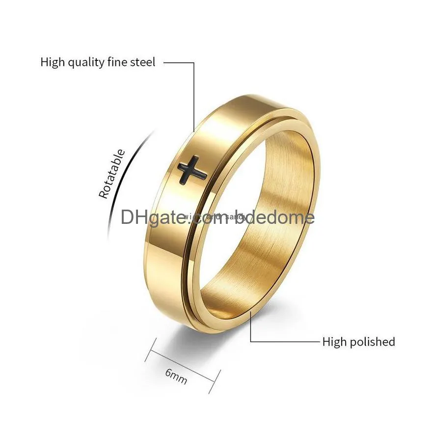 anti anxiety rotatable jesus cross ring band finger stainless steel decompression rings for women men hiphop fashion jewelry will and