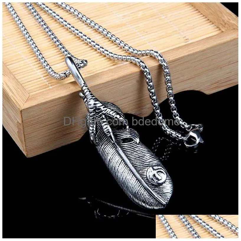 punk  claw feather necklaces pendant stainless steel ancient silver necklace women men nightclub hip hop fashion fine jewelry