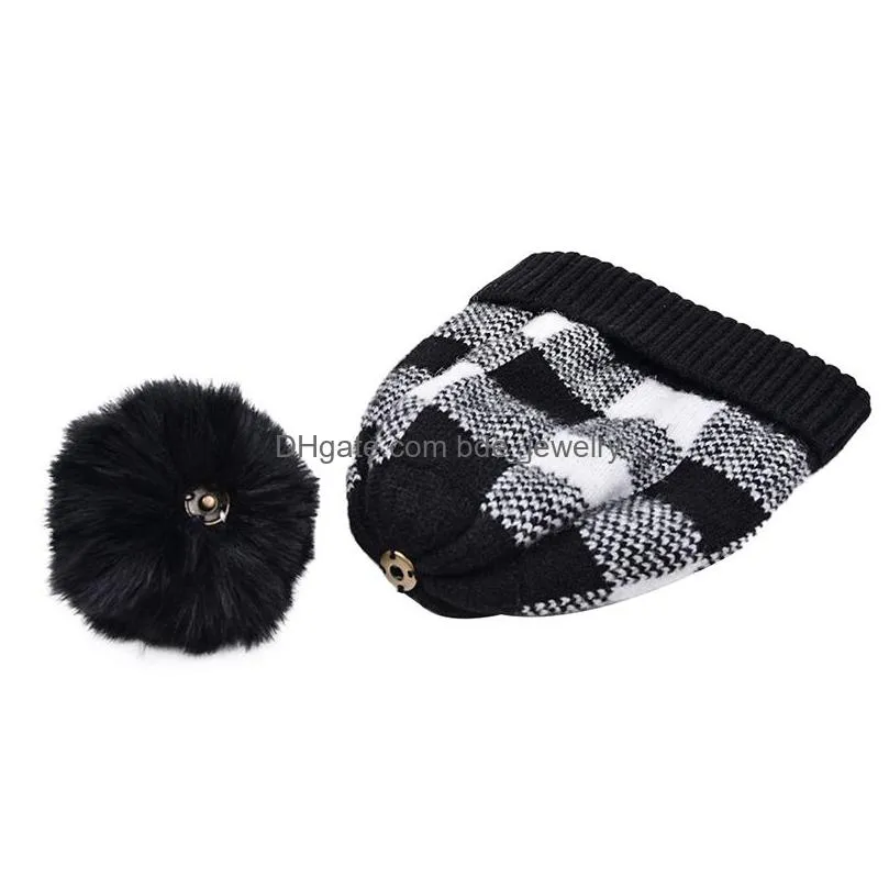 fashion street plaid women beanie knit hats rabbit fur pompom caps autumn winter outdoor casual ladies warm hat