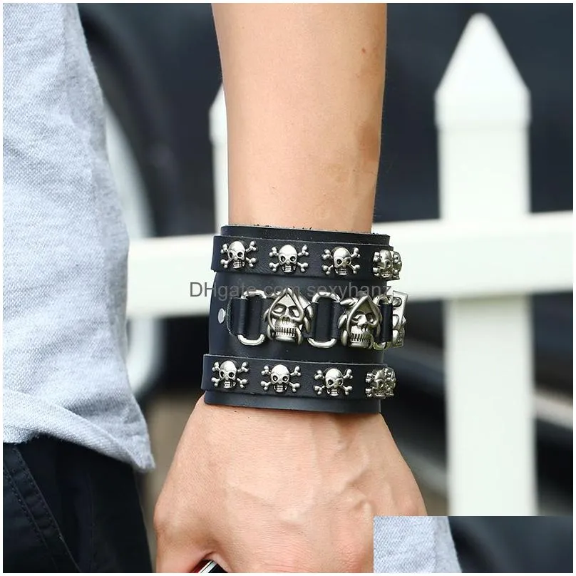 punk unique rock spikes rivet gothic skeleton charm bracelets skull biker wide cuff leather bangle gift