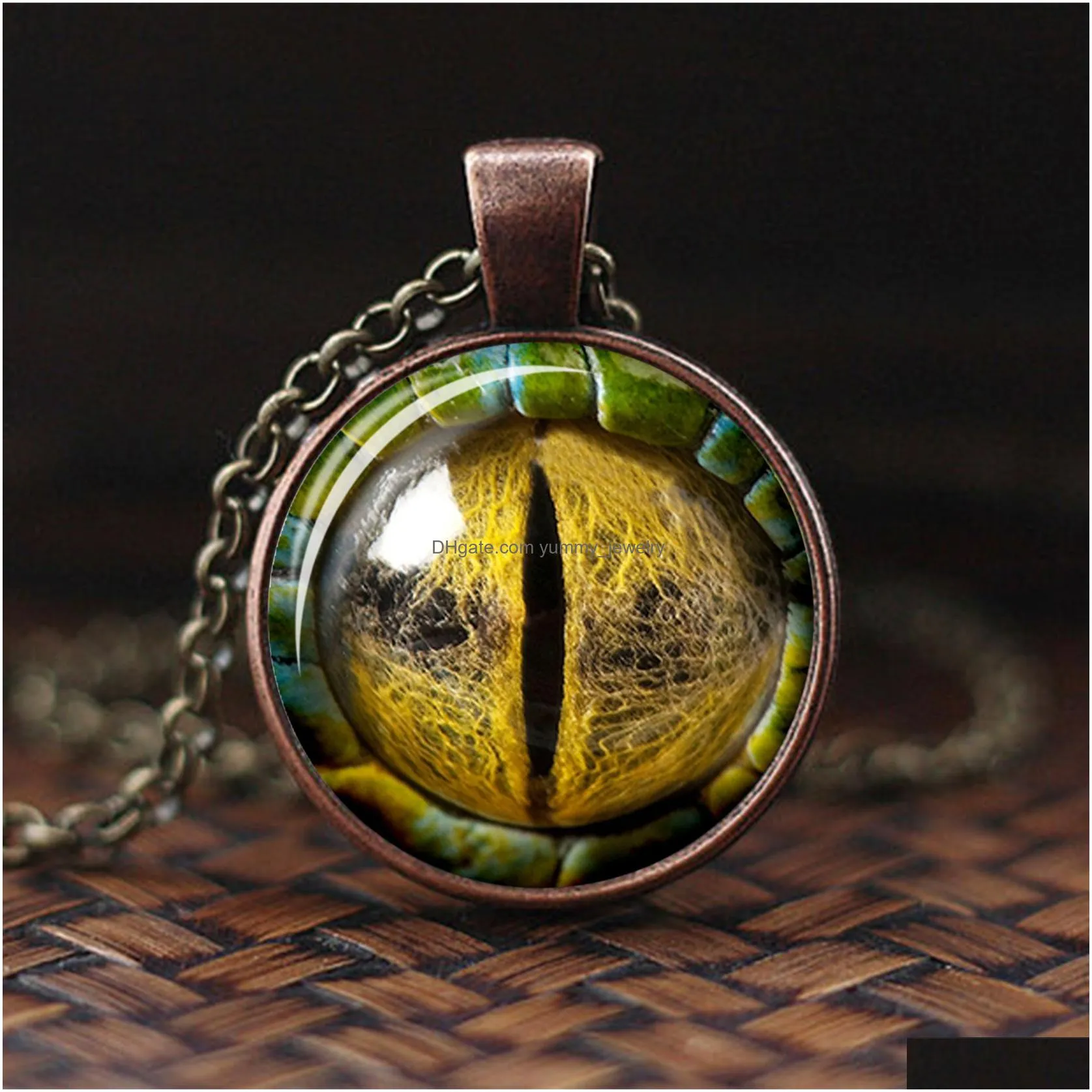 new fashion personality chain vintage dragon eyes statement necklace bronze round jewelry glass cabochon necklace women