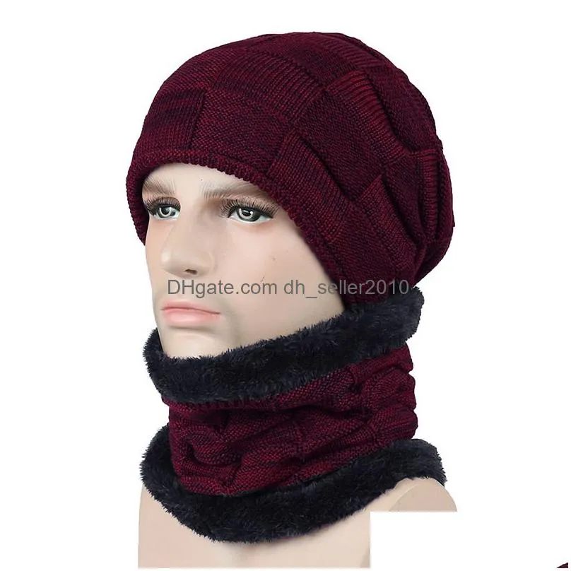 thickened plush brimless hat winter mens scarf knitted warm and soft pullover hats two piece collar set