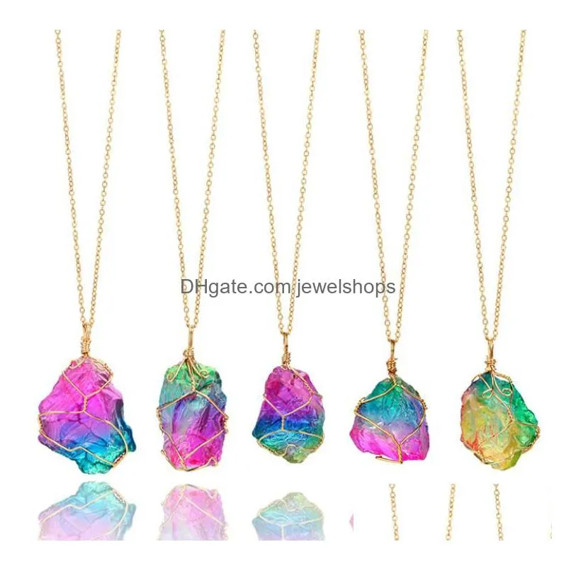 seven color necklace natural raw stone winding crystal pendant transparent multicolor chain necklaces jewelry for women