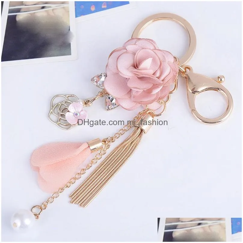 cloth rose flower key ring chiffon tassel car fashion charm key chains lady couple bag keychain party gift