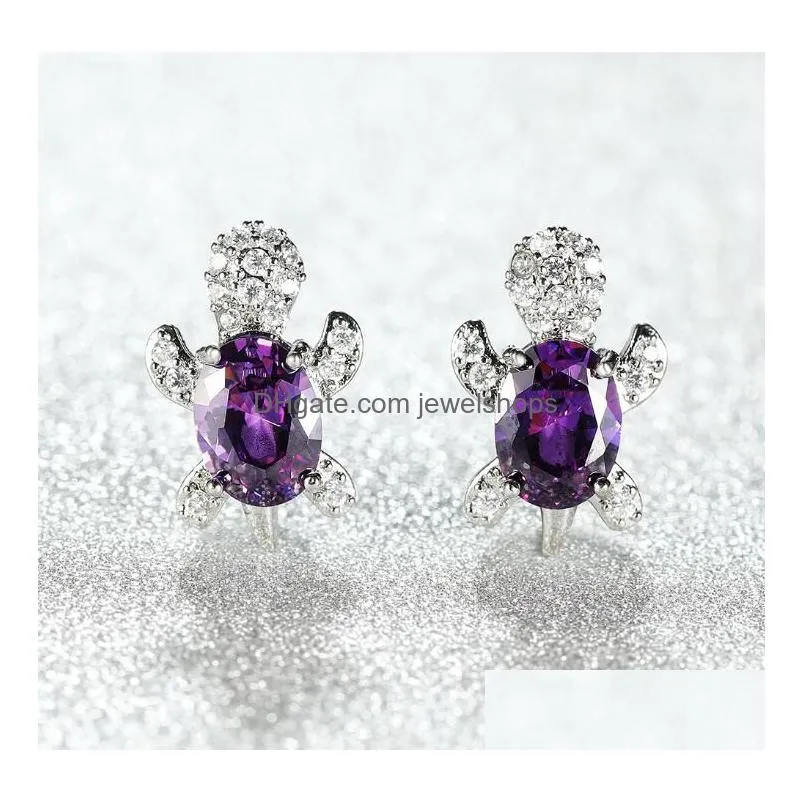 cute design white gold plated colorful gemstone stud earring copper turtle animal earrings for women gift 16 colors