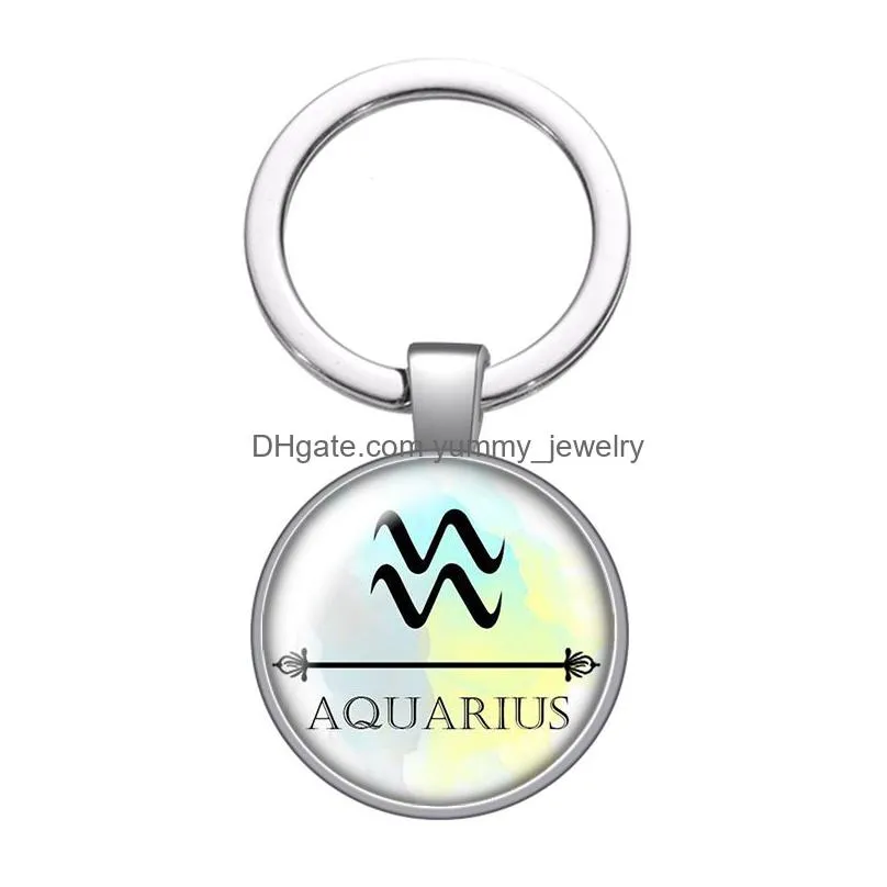 12 constellations signs glass cabochon keychain bag car key chain ring holder charms silver keychains for men women gifts