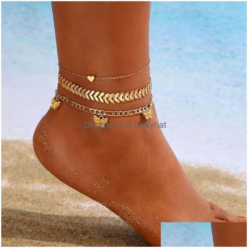 simple butterfly heart female anklets barefoot crochet sandals foot jewelry leg anklets on foot ankle bracelets for women leg chain