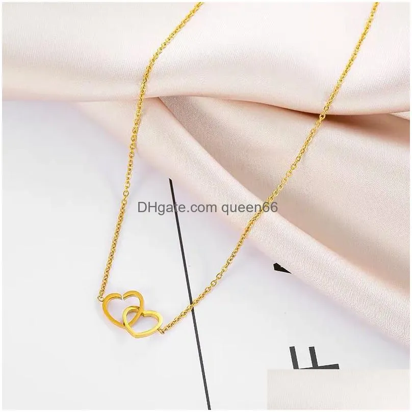 romantic titanium steel double heart choker necklaces jewelry fashion chain pendant necklace for women gift