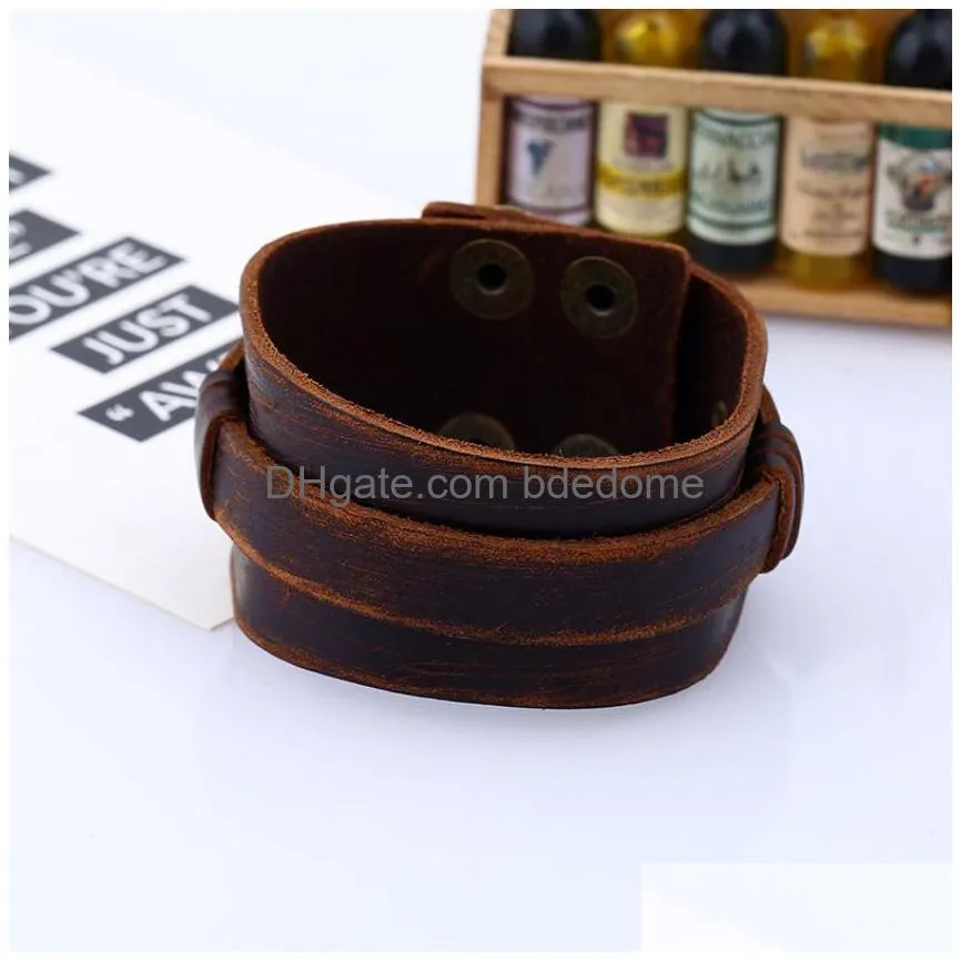 old way wide drawing leather bangle cuff multilayer wrap button adjustable bracelet wristand for men women fashion jewelry