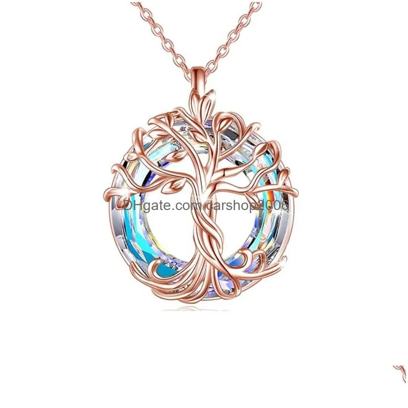 rose gold silver tree of life women necklace round rainbow crystal pendant birthday gift for girls friends mom