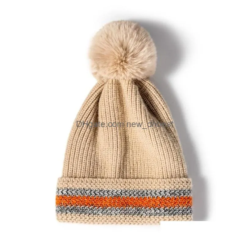 casual street women winter knitted hat classic striped geometric pattern beanie cap with pompom ball