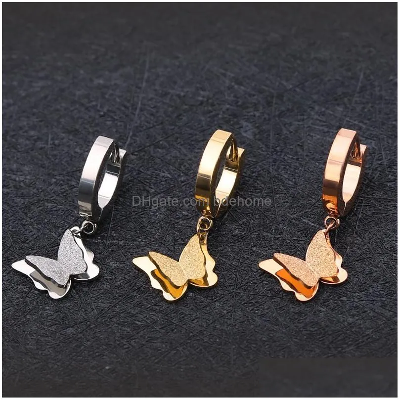 stainless steel rose gold butterfly hoop earrings for women fashion earrings jewelry double matte huggie pendants gift 1 pair