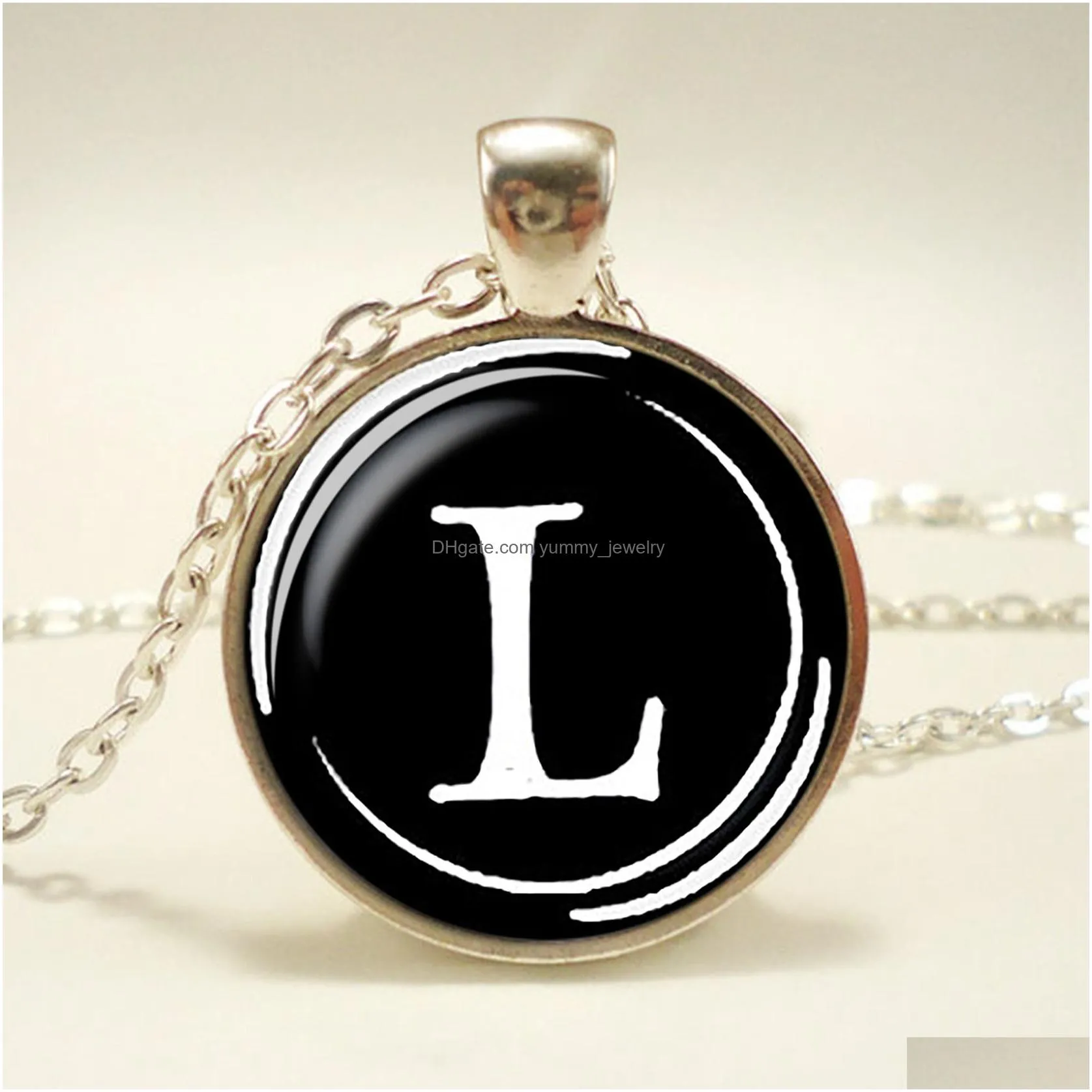 26 letters necklace alphabets glass cabochon pendant silver color chain necklace name initial letters men women fashion jewelry