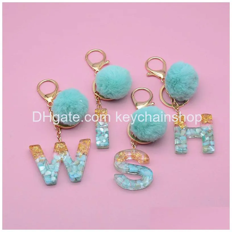 26 initials letter keychain pendant party favor with green fluffy ball fashion women girls handbag glitter gradient resin alphabet keychains