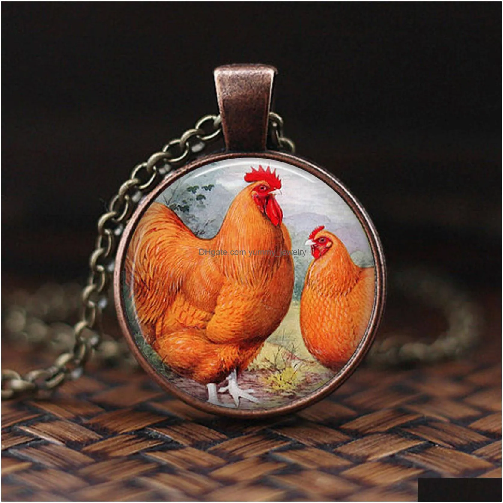 vintage rooster statement necklace farm animal pendant chicken jewelry copper chain choker glass cabochon necklace for women
