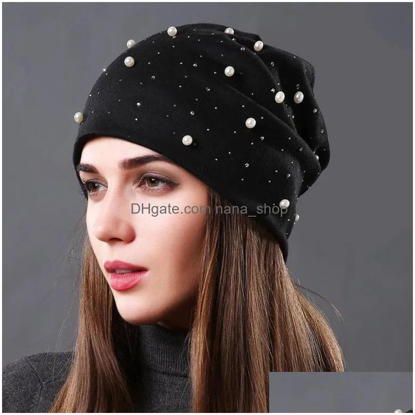 autumn spring soft cotton beanie hats women girls pearl rhinestones warm skullies cap urban bonnet hat female ladies gift