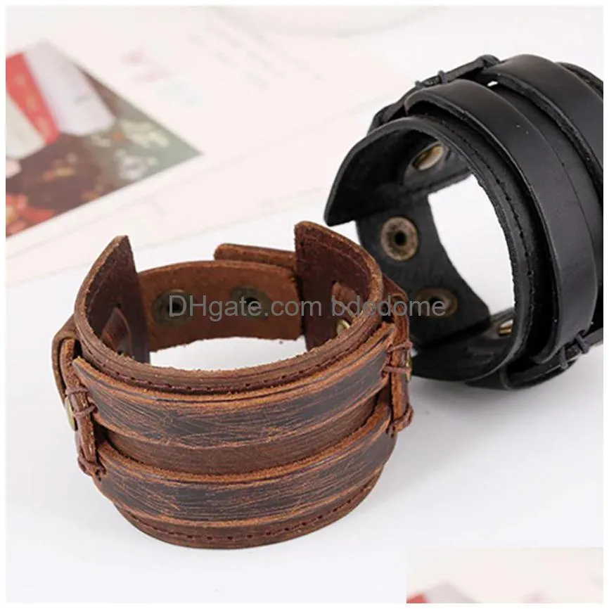 button adjustable leather bangle cuff multilayer wrap bracelet wristand for men women will and sandy fashion jewelry