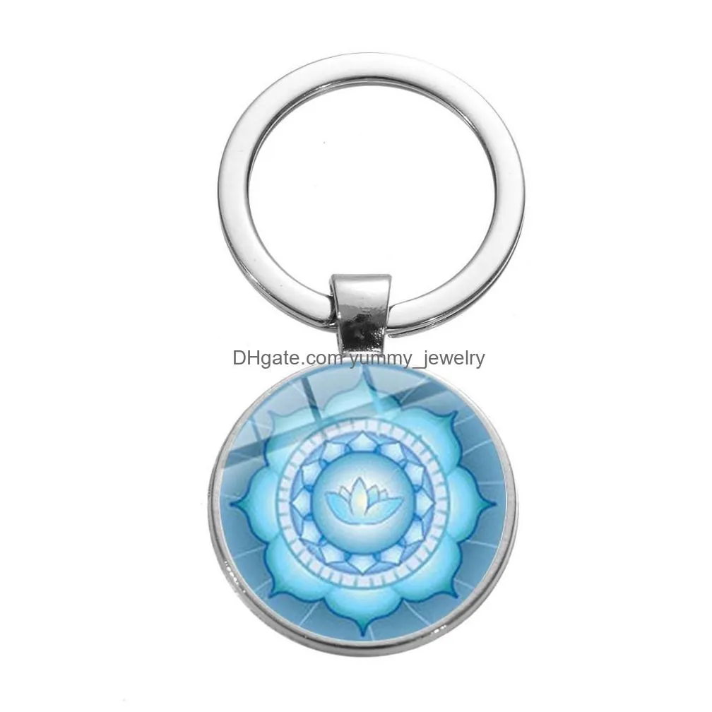 blue mandala flower of life keychain lotus art pattern yoga om budddhist sacred geometry key chains glass bag car trinket