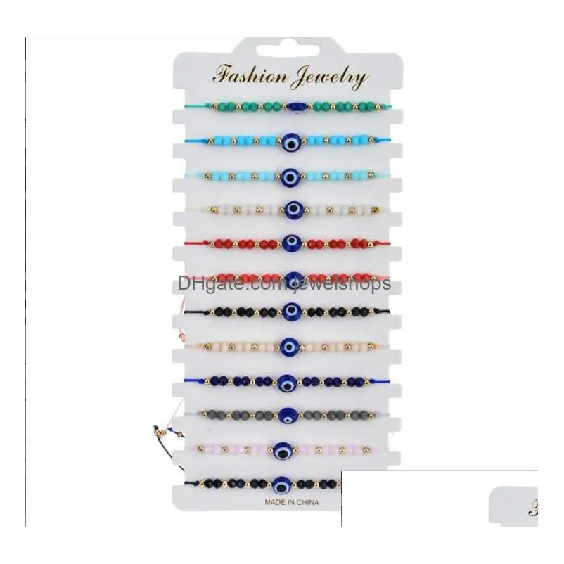 12pcs/set turkey blue evil eye bracelet women handmade rope chain crystal beads bracelets for girl party jewelry gift wholesale