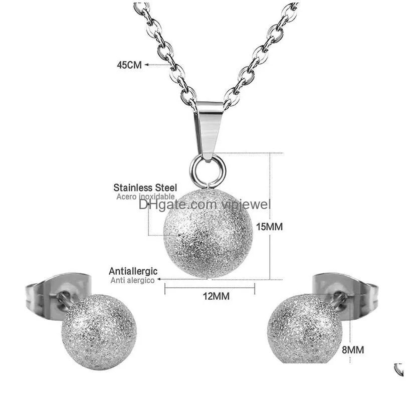 gold silver ball round stainless steel wedding jewelry set women party pendant necklace earrings sets