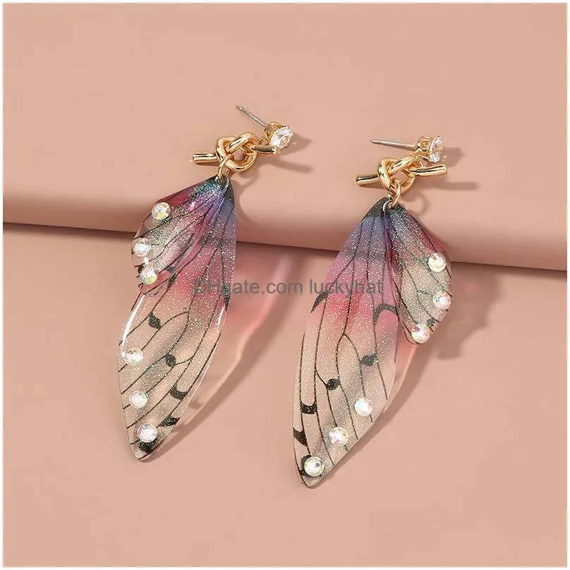 handmade fairy simulation wing dangle insect butterfly wing drop earrings foil rhinestone earring romantic bridal jewelry