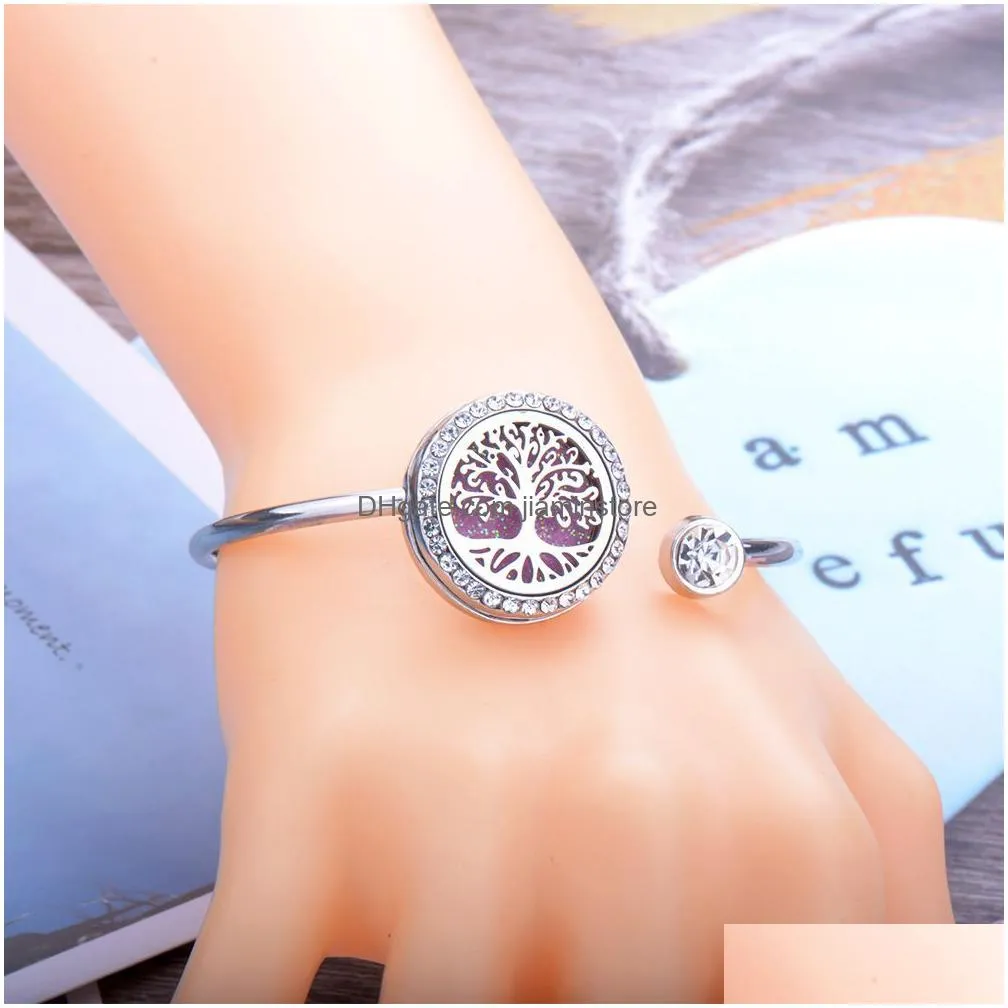 women stainless steel tree of life aromatherapy bangle openable diffuser jewelry crystal essential bracelet perfume aroma gift