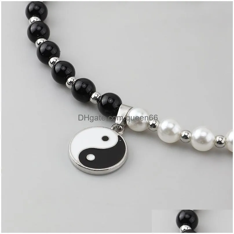 punk black white imitation pearl beads choker necklaces for men round tai chi gossip pendant necklace jewelry