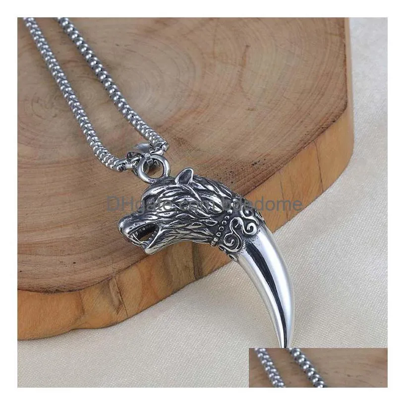 ancient silver head wolf tooth pendant necklaces stainless steel chain necklace women men hiphop fashion fine jewelry