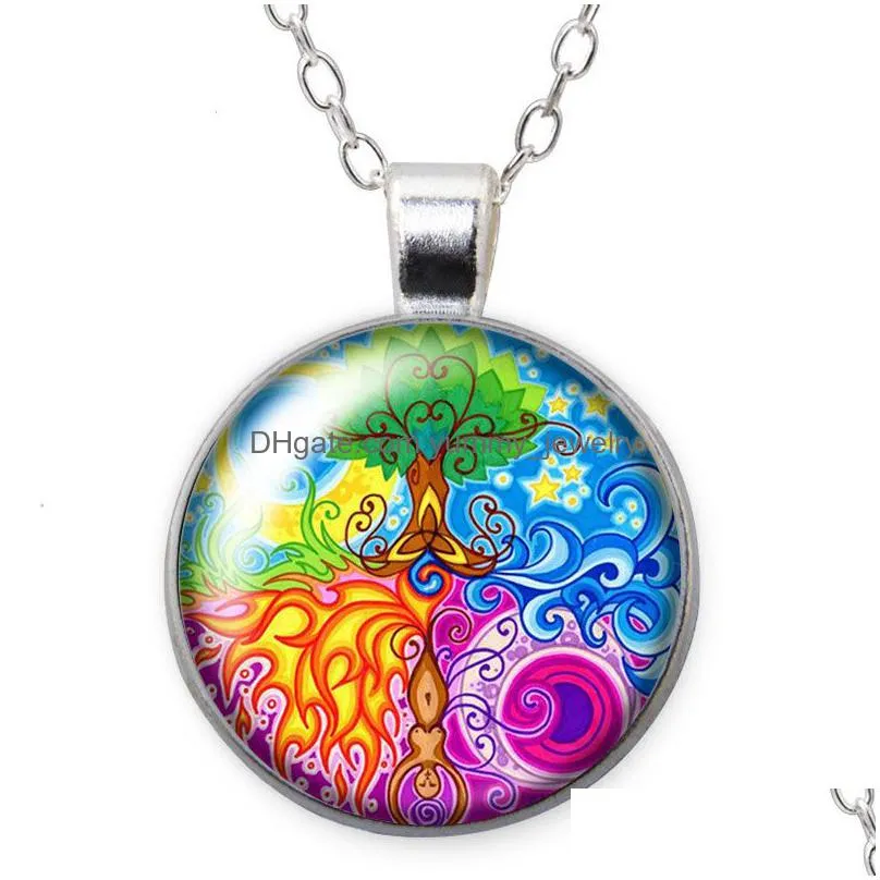 colorful life of tree magical tree beauty round pendant necklace 25mm glass cabochon silver plated jewelry women birthday gift