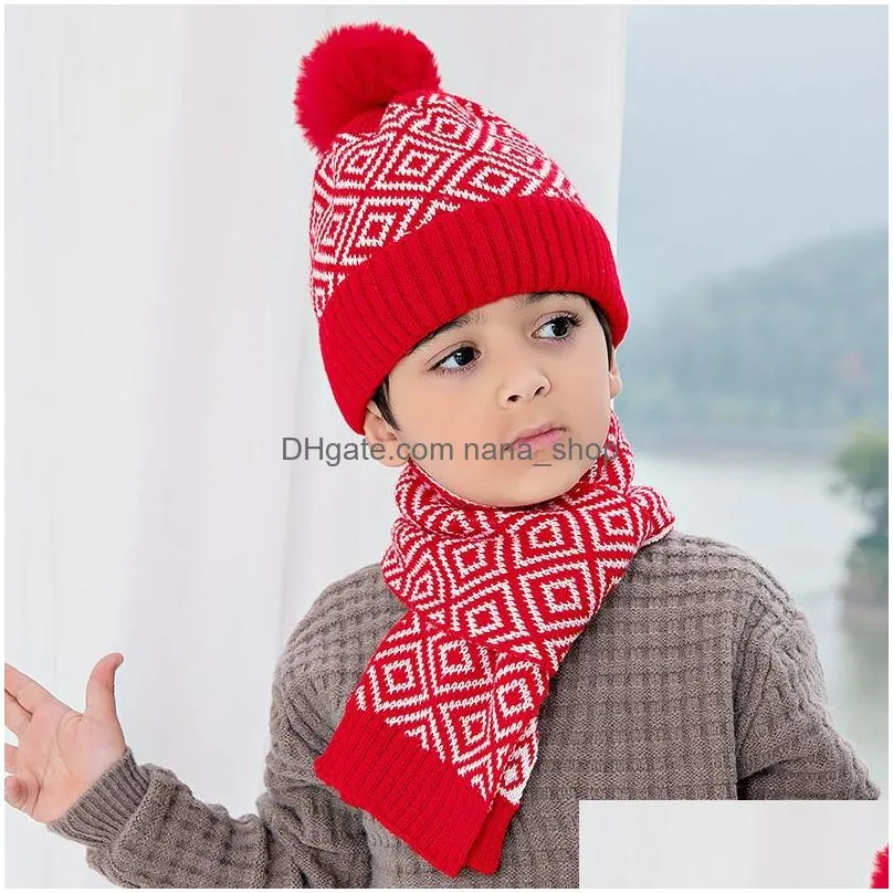 fashion winter thick warm kids hat set scarf for boy girl cute double pom children beanie scarves gift