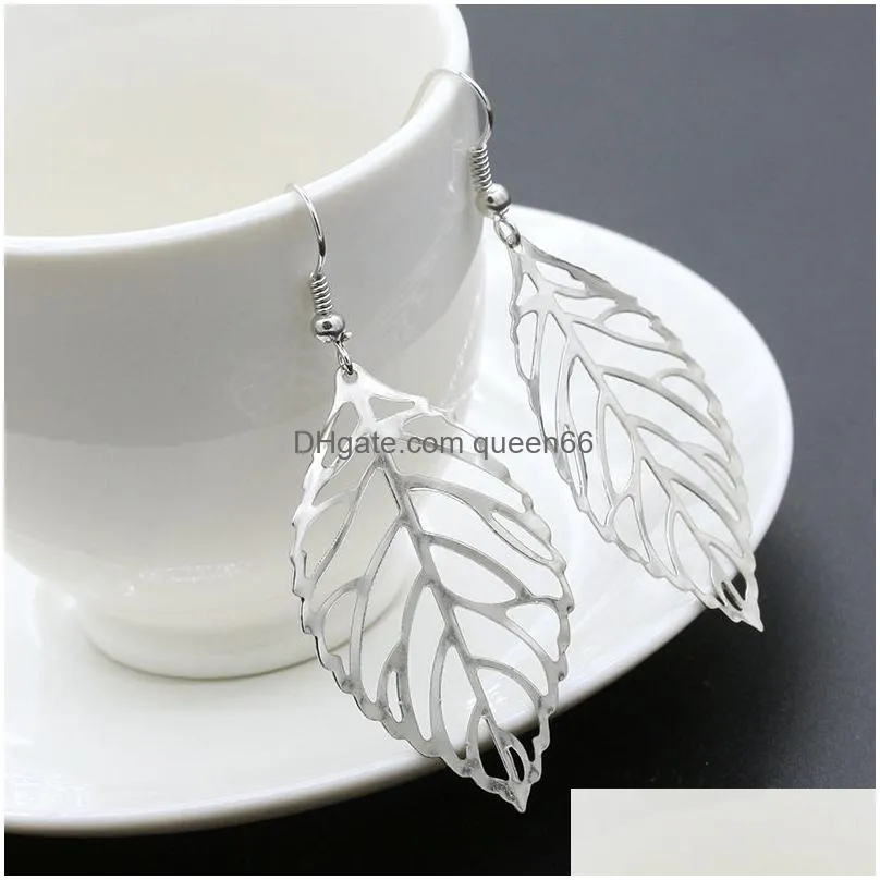 fashion charm wholesale jewelry hollow metal leaves dangling long statement drop earrings for women
