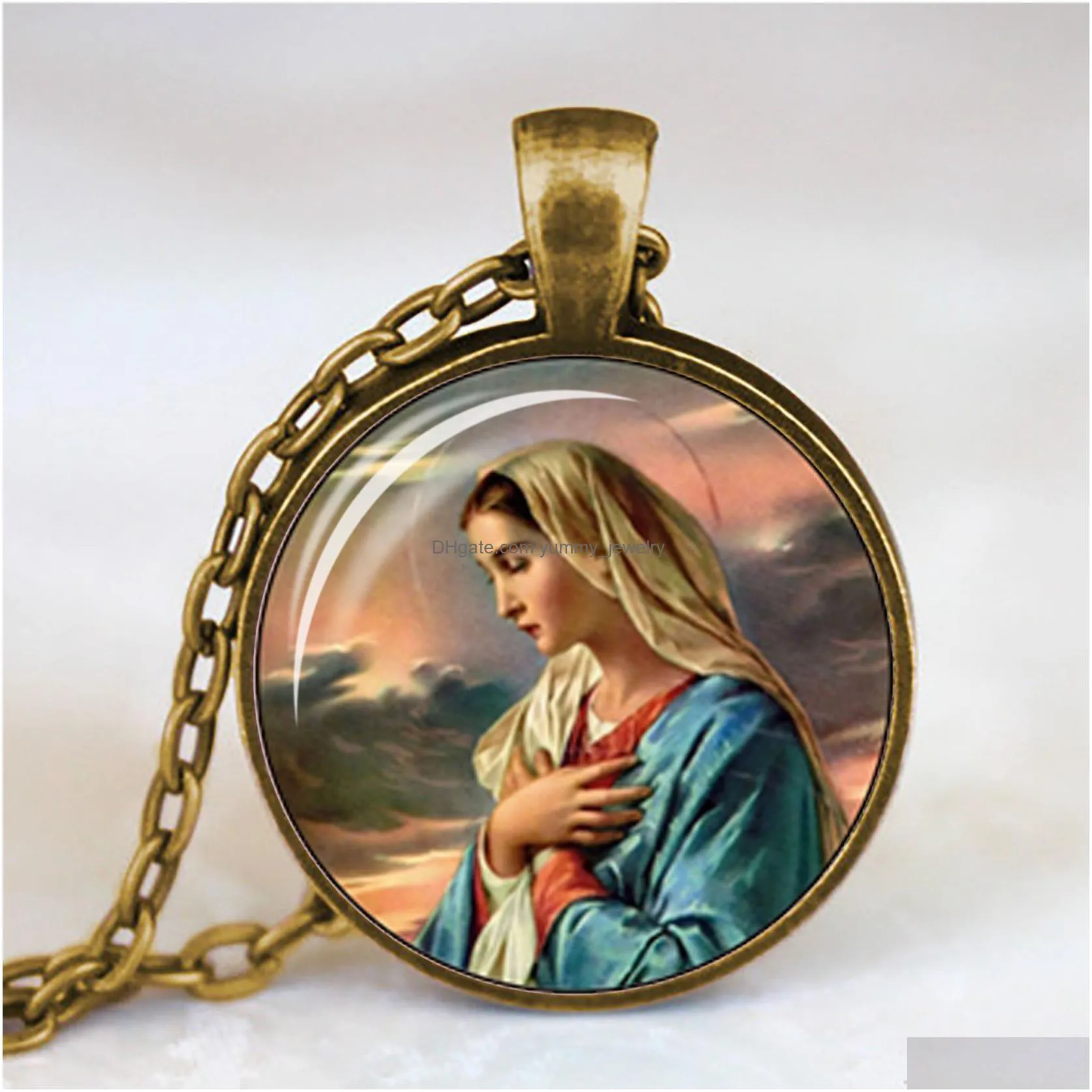 blessed virgin mary mother of baby necklace jesus christ christian pendant catholic religious glass jewelry gift for men women