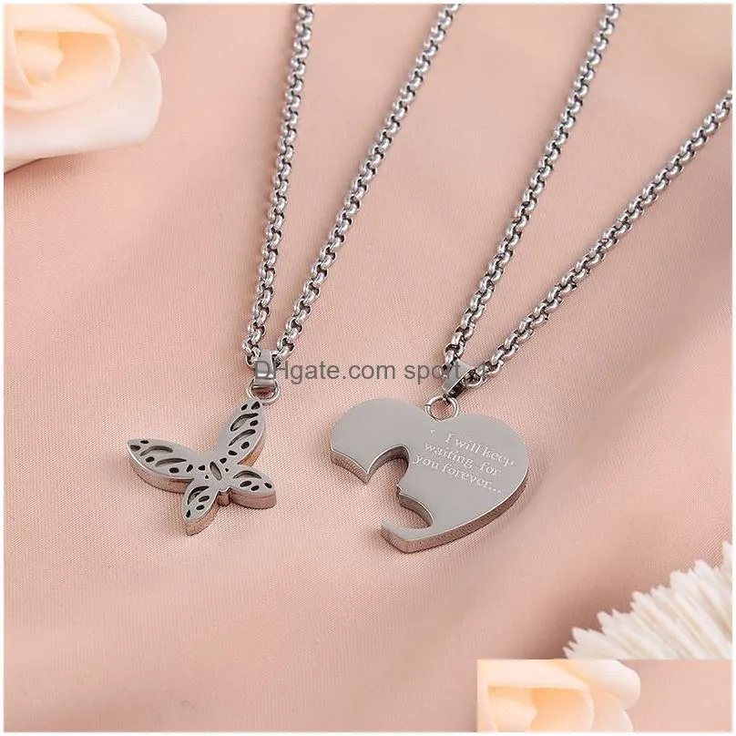 casual stainless steel butterfly heart shape couple necklace pair of men and women pendant jewelry gift