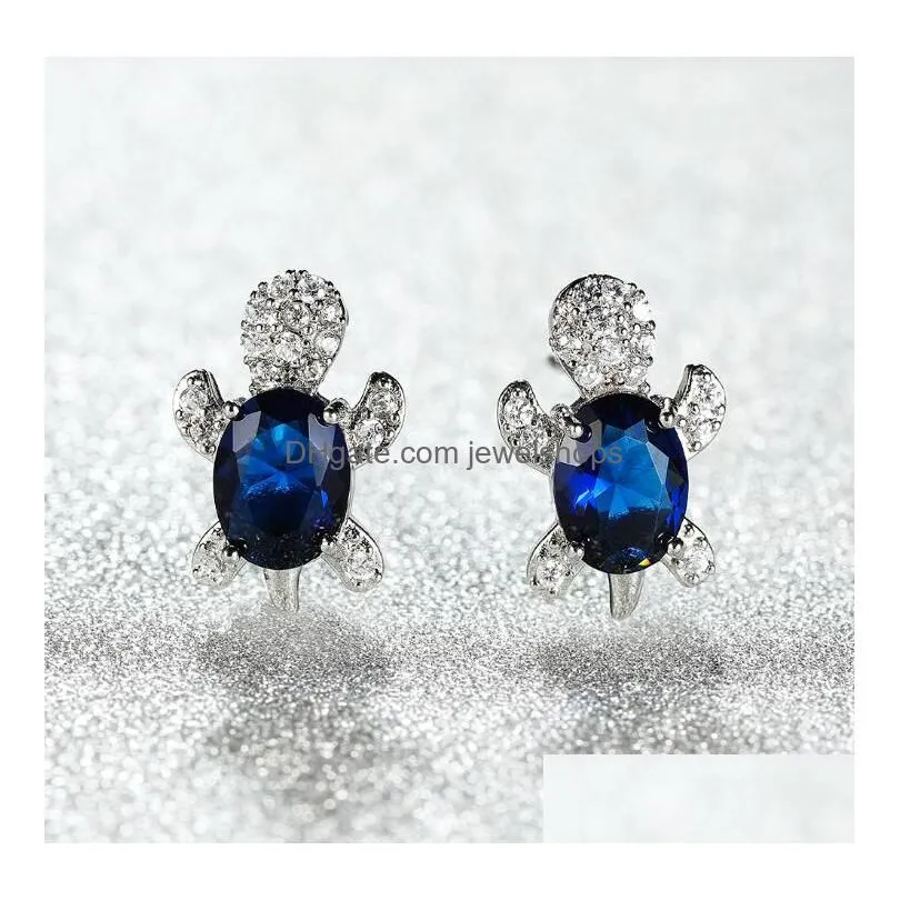 cute design white gold plated colorful gemstone stud earring copper turtle animal earrings for women gift 16 colors