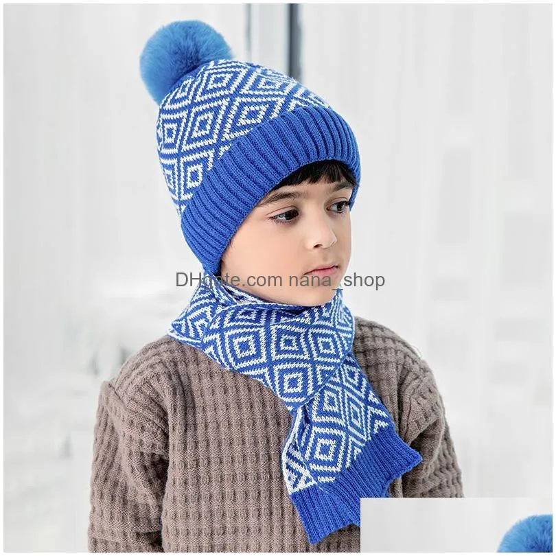 fashion winter thick warm kids hat set scarf for boy girl cute double pom children beanie scarves gift