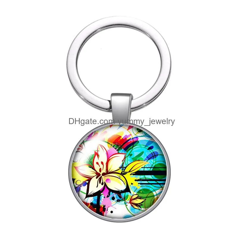 painting flowers beauty glass cabochon keychain bag car key chain ring holder charms silver keychains for men women gift