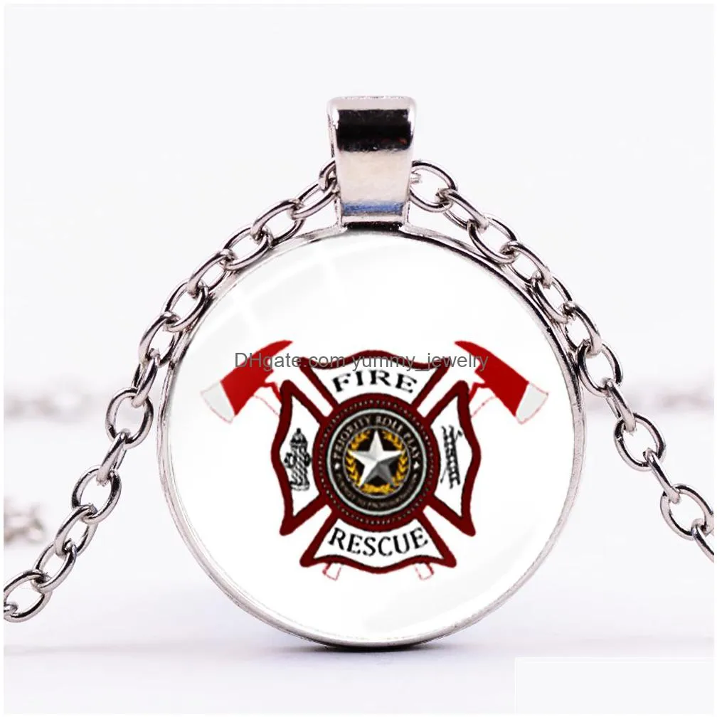 firefighter symbol statement necklace silver plated fire fighter badge pendant glass dome long chain fire-rescue jewelry