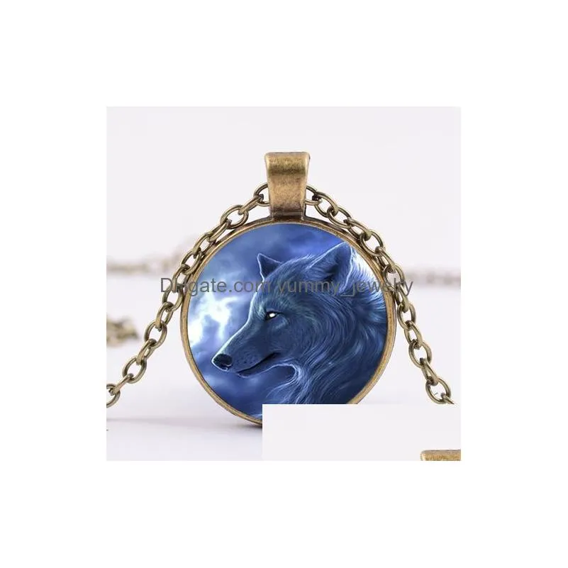 fashionable hot wolf necklace howling wolf totem wild animal glass time gem sweater chain moon pendant for men and women