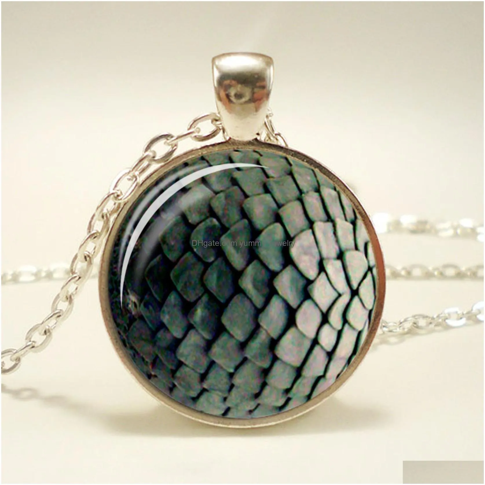 vintage dragon pendant necklace in fish scales glass cabochon solid chain necklace in the form of a dragon a chain on a sweater