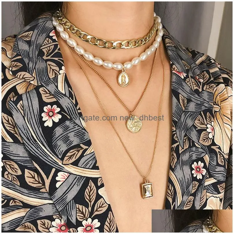 fashion vintage multilayer crystal pendant necklace women gold color beads moon star horn crescent choker necklaces jewelry