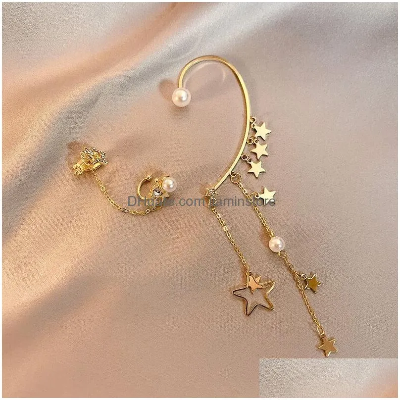 fashion ear cuff with asymmetric temperament beautiful women earring cuffs stars tassel pearl earrings